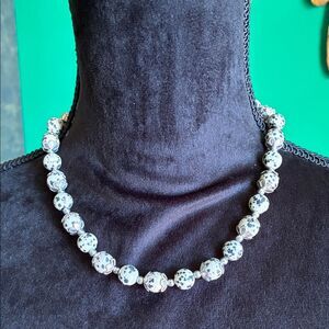 NEW Dalmatian Jasper beaded necklace in silvertone with butterfly charm 18" boho